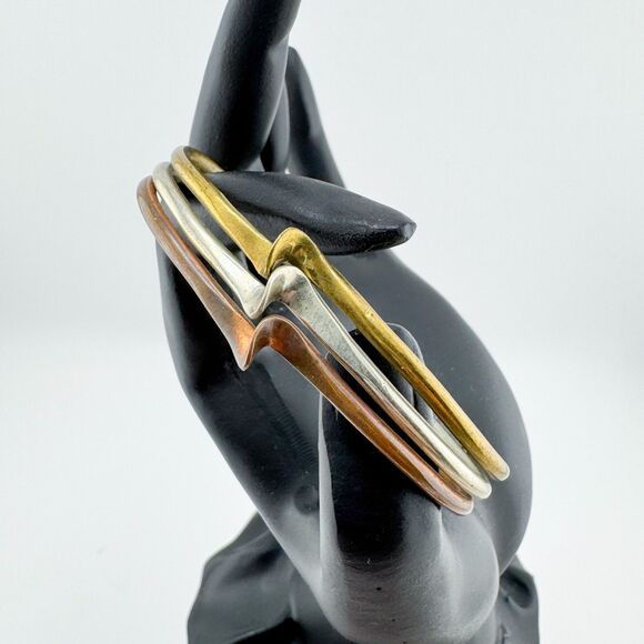Vintage Tri Tone Mixed Metal Zigzag Cuff Bracelet Modernist Copper Brass - Picture 3 of 9